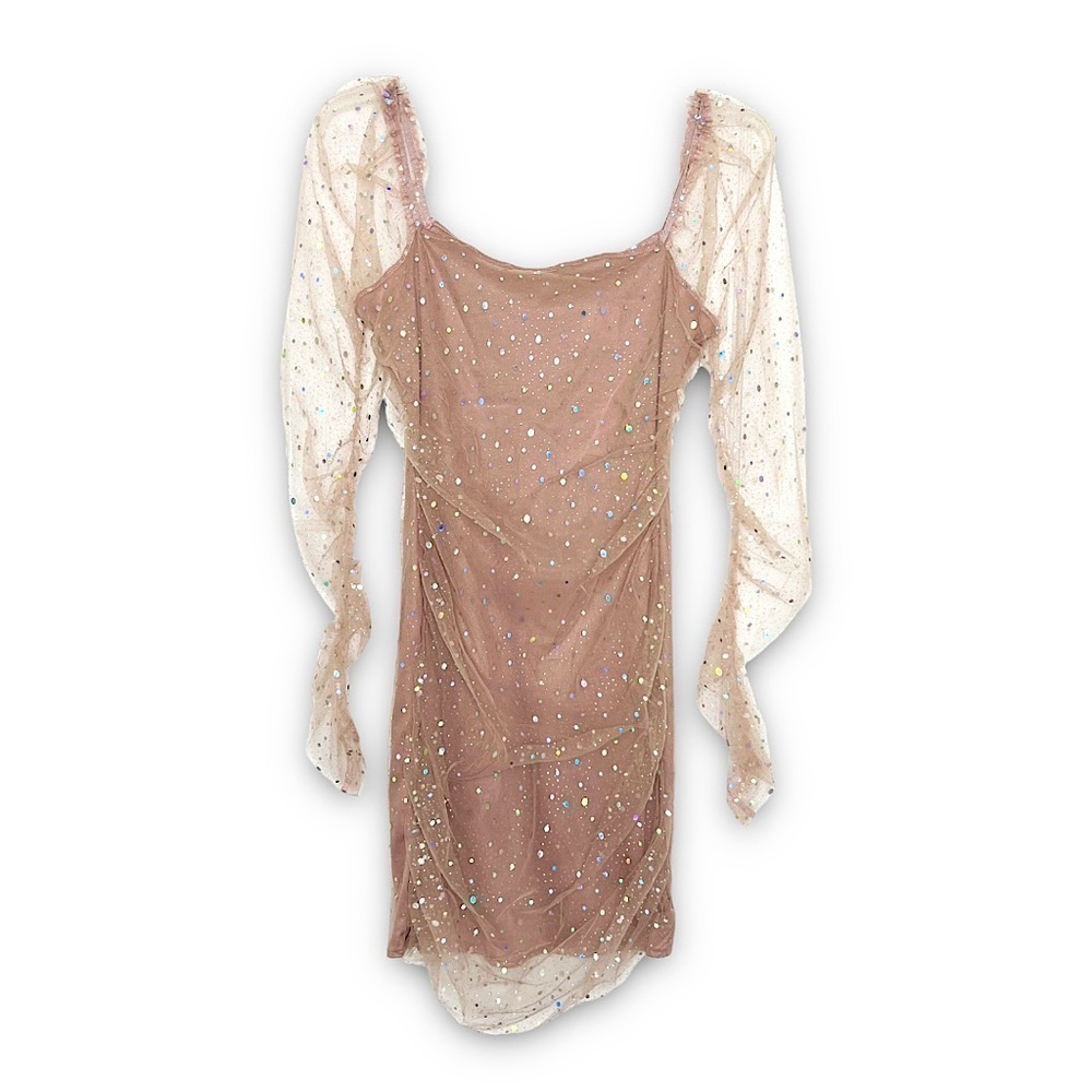 NWT AREA STARS Sparkle Pink Y2K 90s Barbie Sheer Ruched Long Sleeve Mini Dress L - Picture 2 of 5